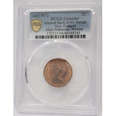 NEW ZEALAND 1967 . TWO 2 CENTS COIN . ERROR . MULE . BAHAMAS OBVERSE